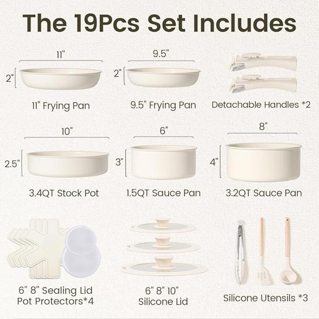 Ceramic Nonstick Cookware Set with Detachable Handles – 19-Piece, Non-Toxic, Induction & Oven Safe - Image 3